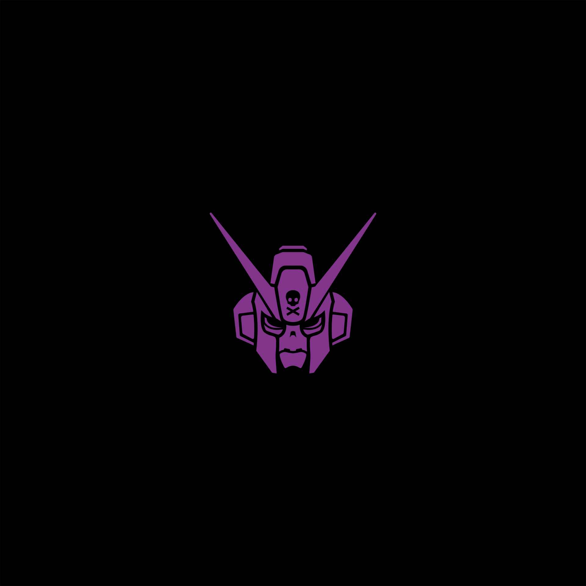 A purple robot head with a skull on it is on a black background.