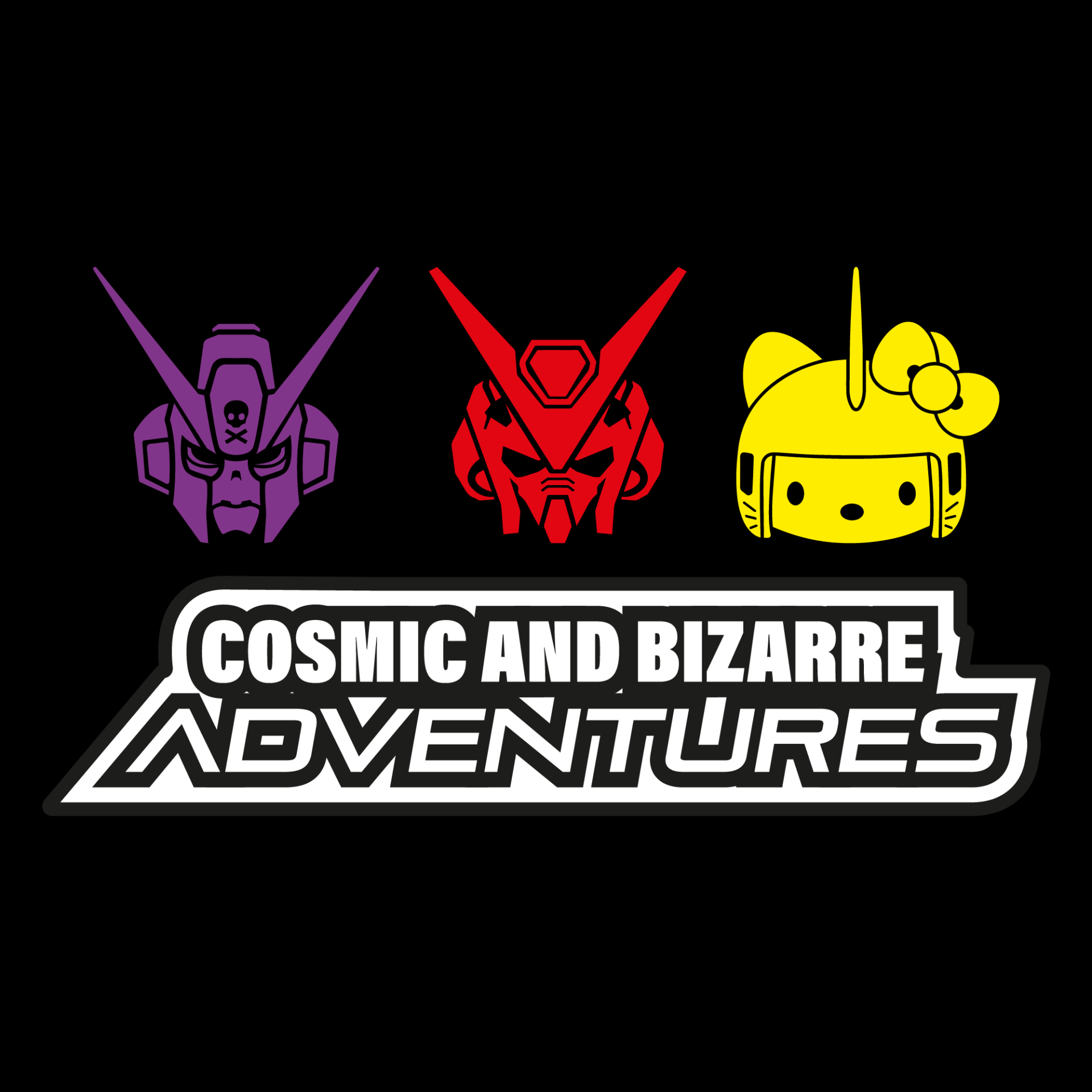 A logo for cosmic and bizarre adventures with three robot heads on a black background.
