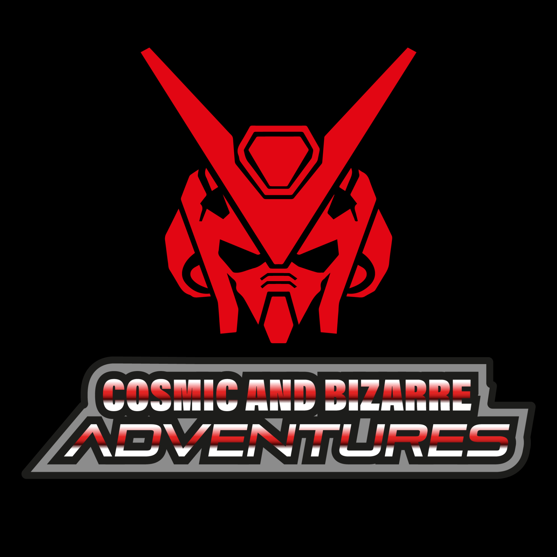 A logo for cosmic and bizarre adventures with a robot head on a black background.