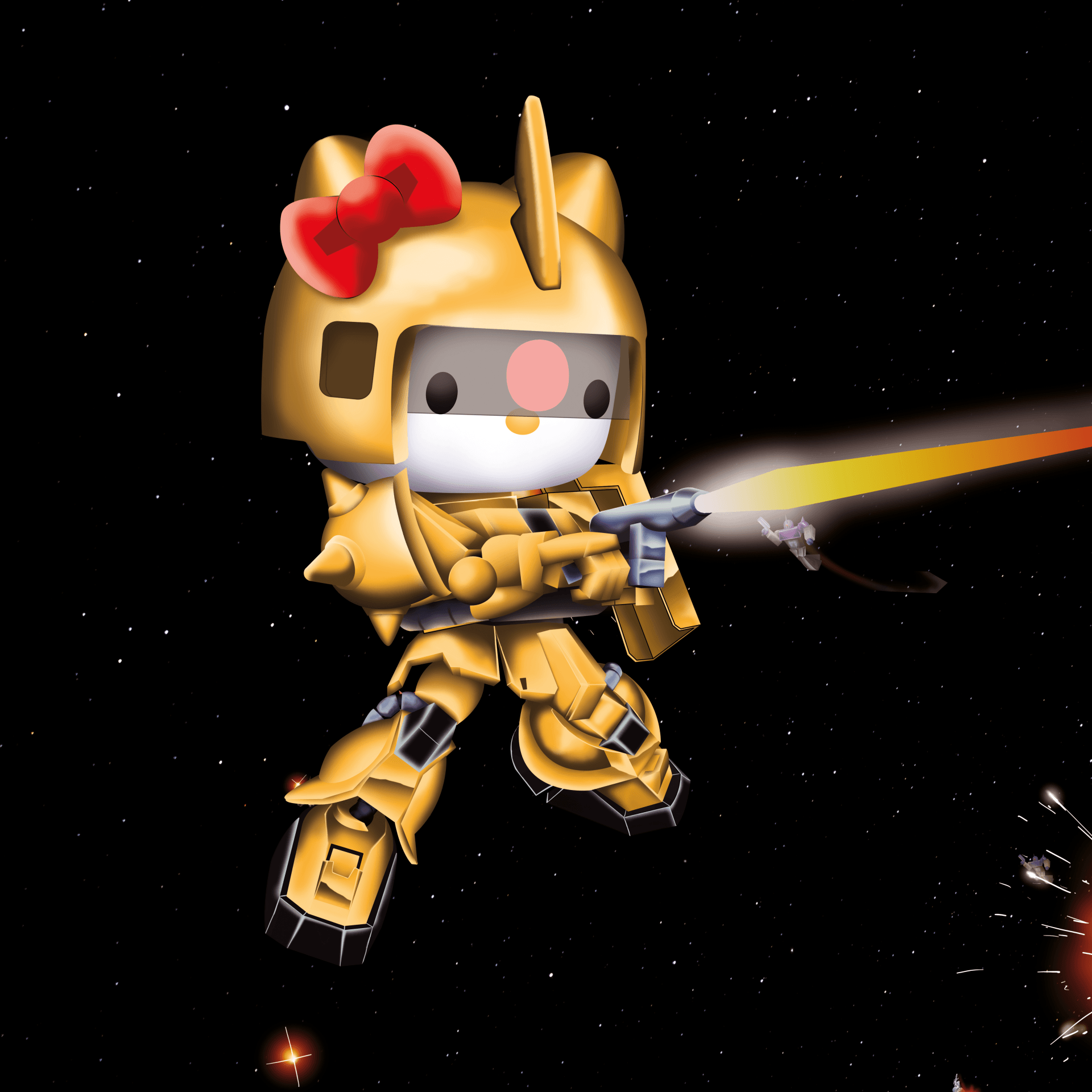 Poster art of a hello kitty robot fighting in space in a 1980 artstyl