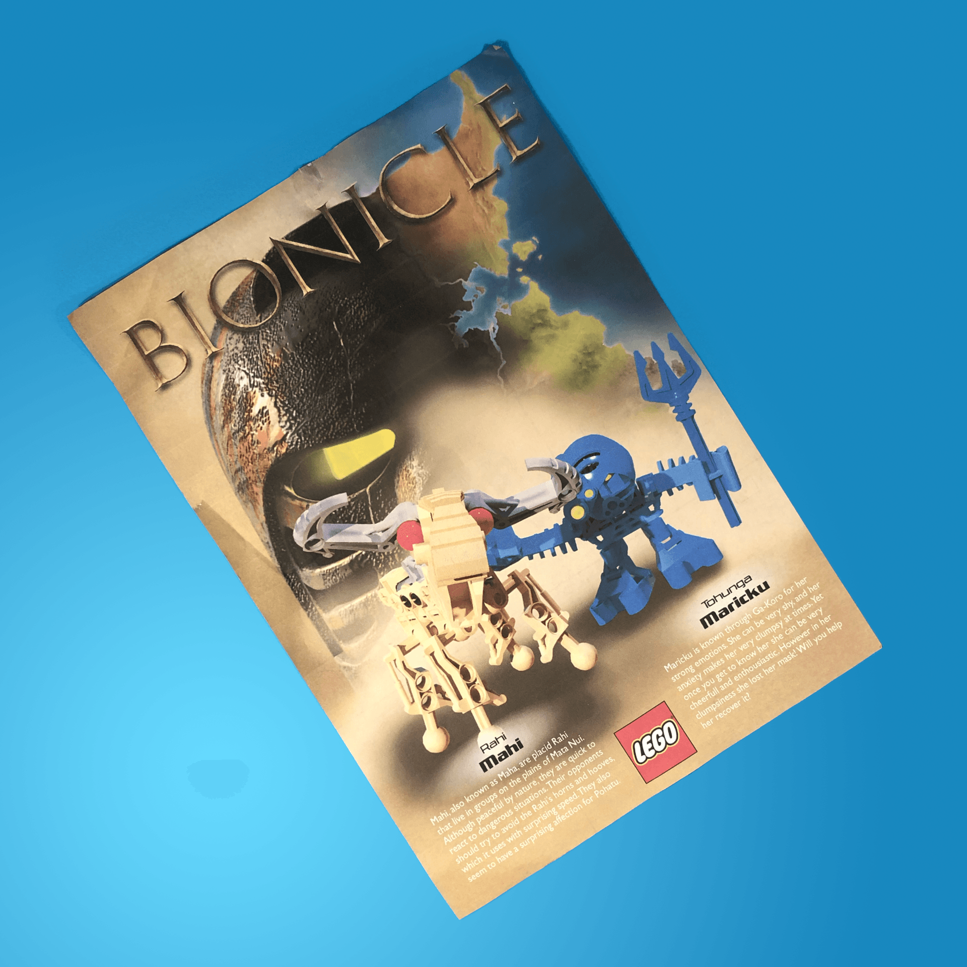 An advertisement for bionicle lego toys on a blue background