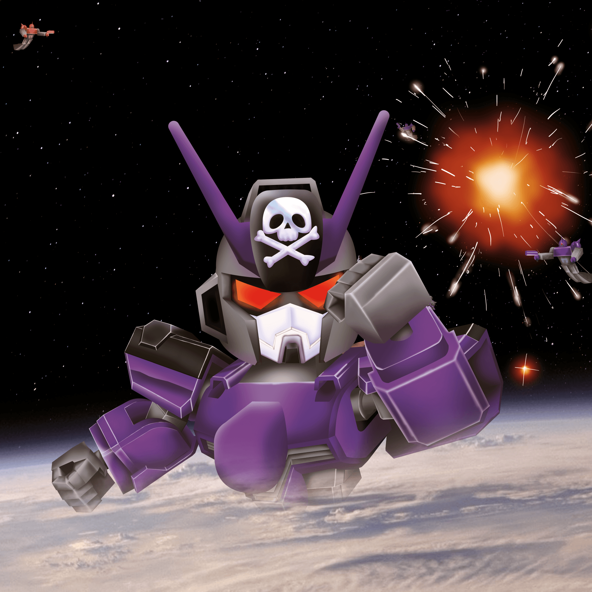A purple robot with a skull and crossbones on its head. 