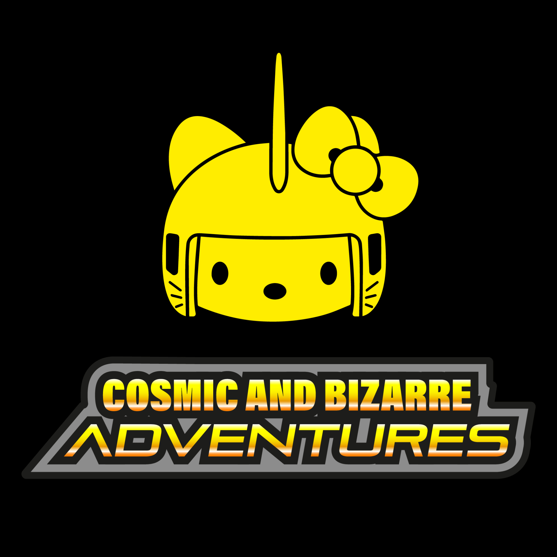 A logo for cosmic and bizarre adventures with hello kitty