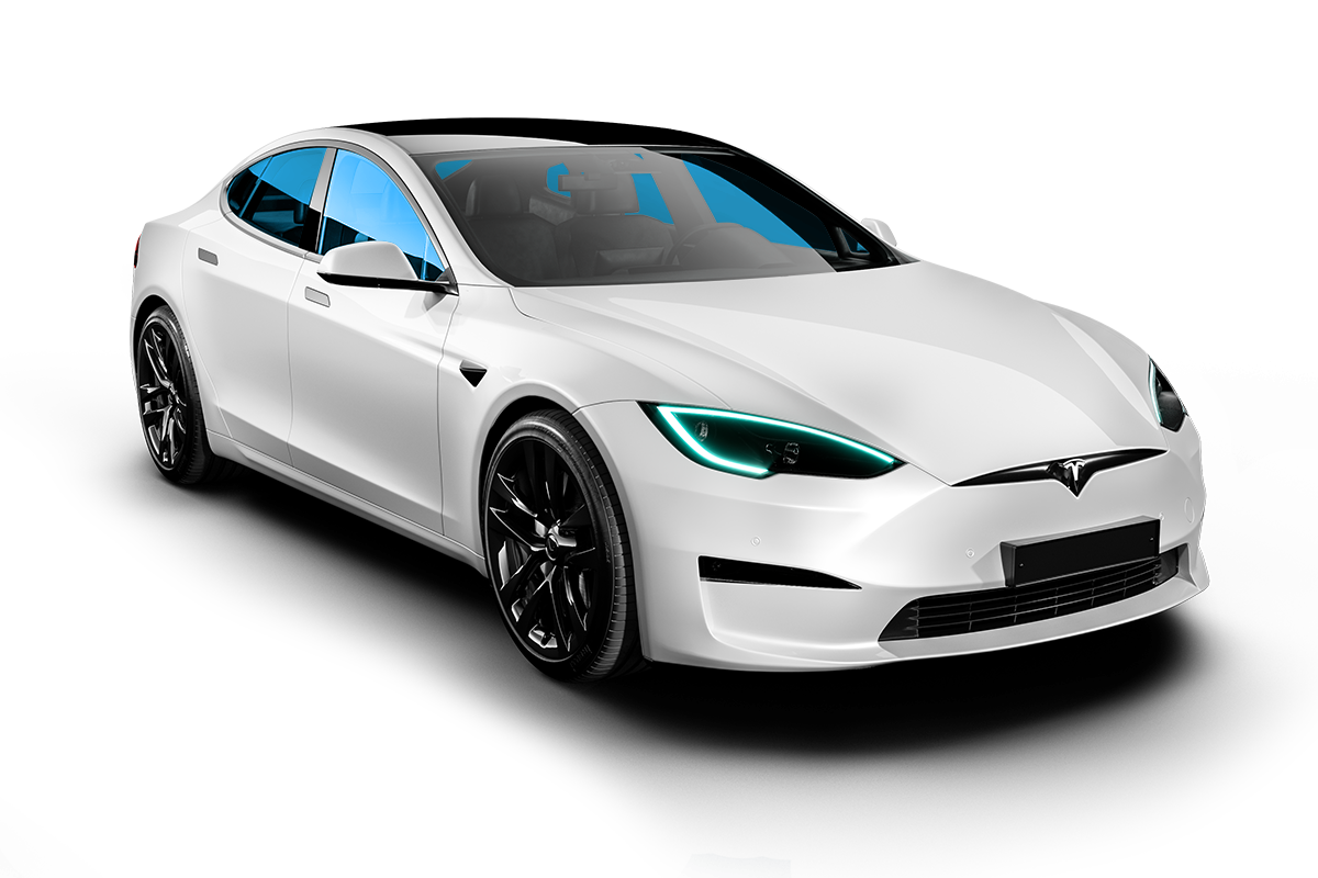 A white tesla model s with blue windows on a white background.