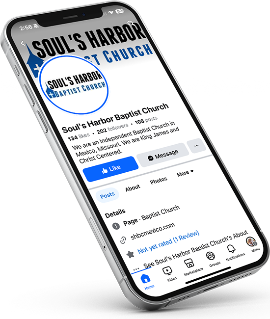 Smartphone displaying Soul's Harbor Baptist Church's Facebook page. Page shows a blue logo and details, like button.
