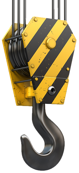 Crane hook with yellow and black hazard stripes, hanging from cables.