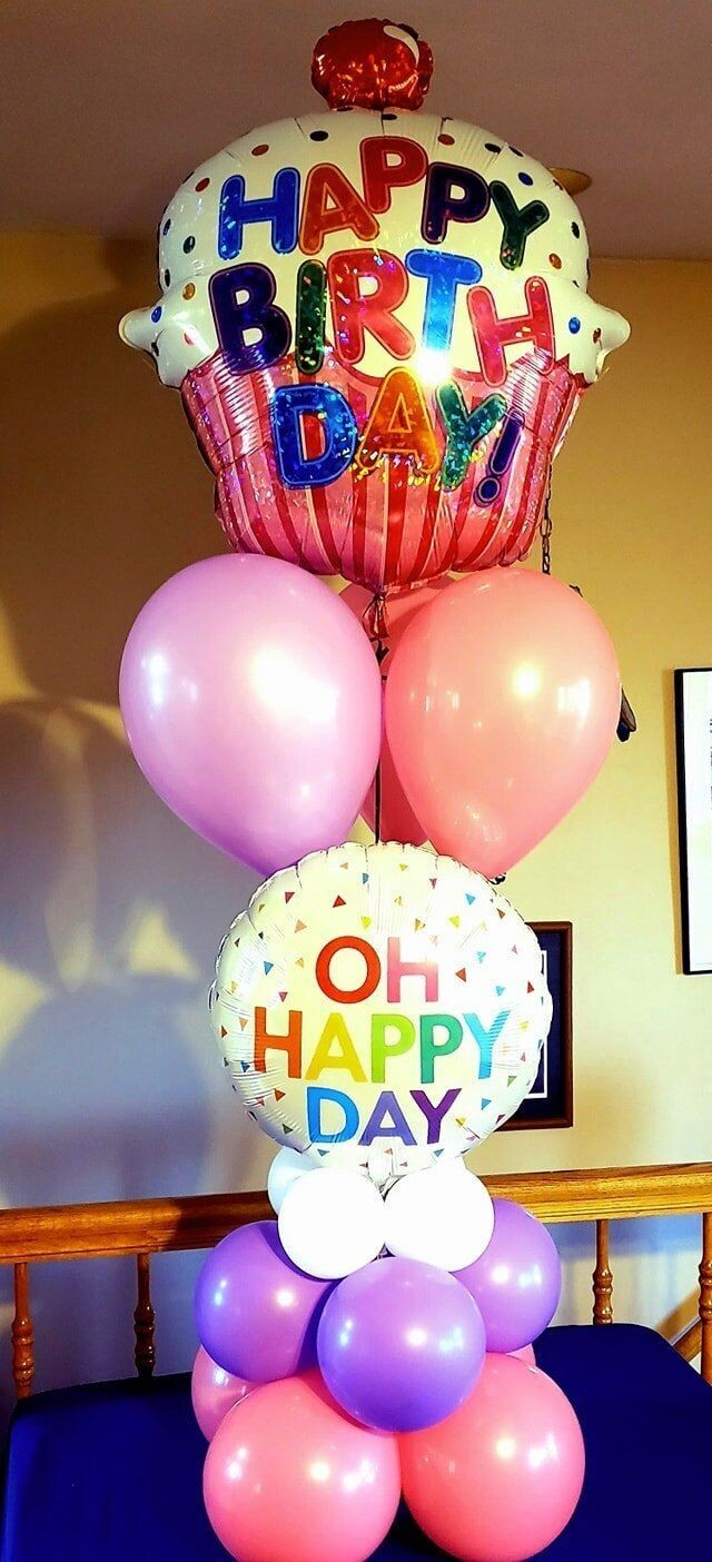Birthday Balloon Tower. Includes an assortment of latex and foil birthday themed balloons. Approximately 5 feet tall. 