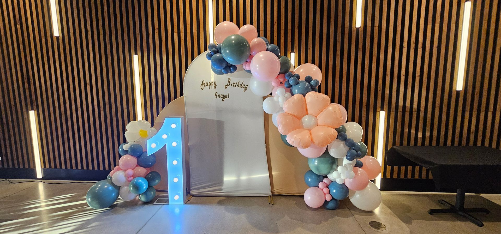 Organic Birthday Display
12 total linear feet of organic garland. Includes flower shaped balloons.
3 piece arch panel
Light up Marquee