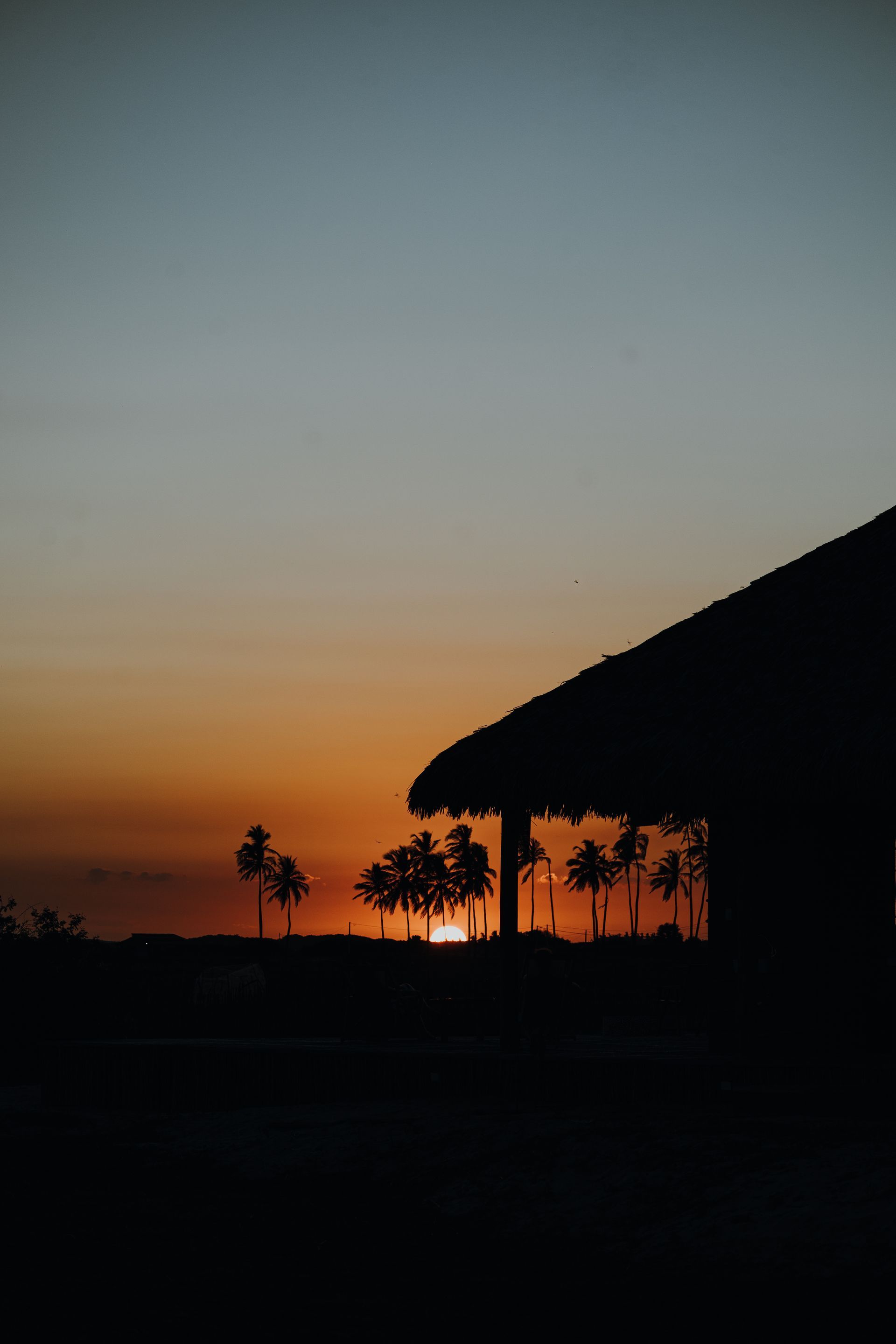 Silhueta de um abrigo com telhado de palha e árvores contra um pôr do sol alaranjado e azul.