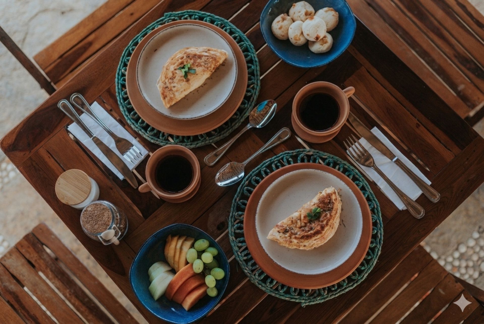 Mesa de café da manhã posta para dois com omeletes, frutas, café e tapioca.