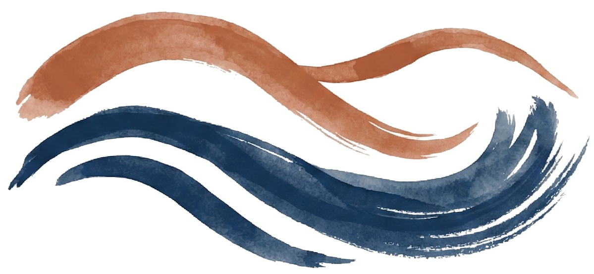 Desenho de ondas com pinceladas em tons de marrom e azul.