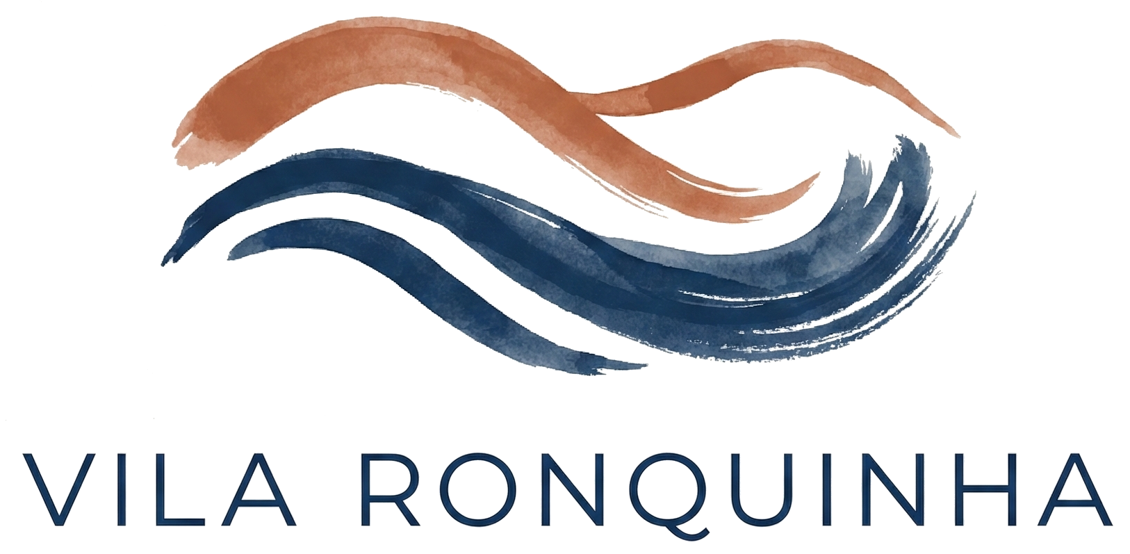 Logotipo da Vila Ronquinha com desenho de ondas de água em azul e marrom acima do texto.