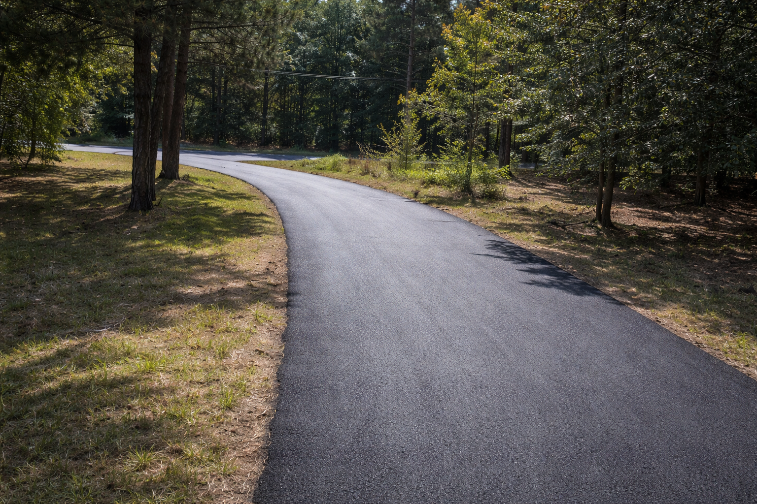 A paved, curving road winds through a sunny, tree-lined forest setting.
