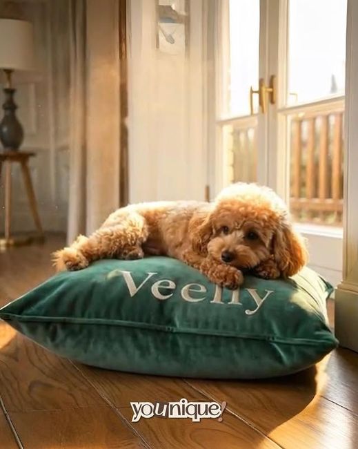 Cane marrone sdraiato su un cuscino verde accanto a una finestra soleggiata