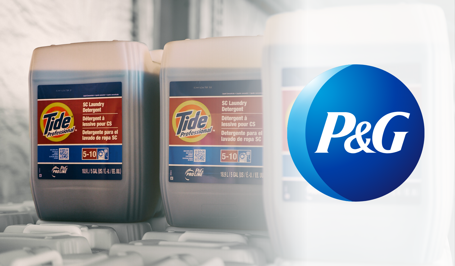 Tide laundry detergent containers with P&G logo on a white background.