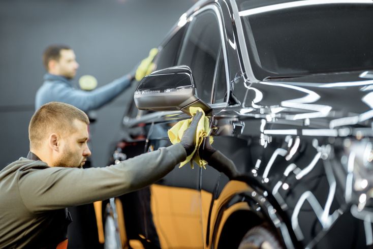 A man is cleaning a car with a cloth in a garage.