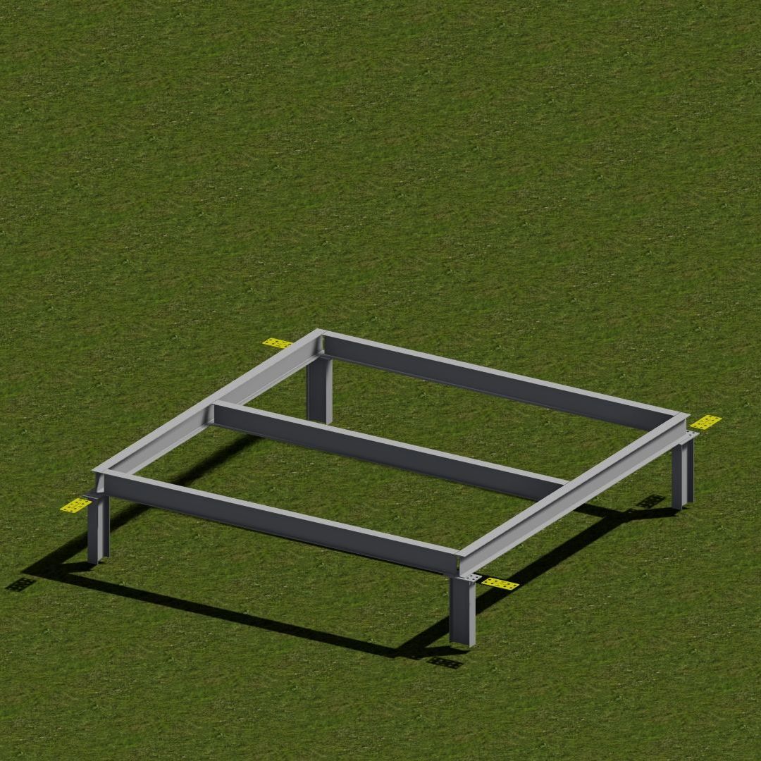 A 3d model of a metal frame sitting on top of a lush green field.
