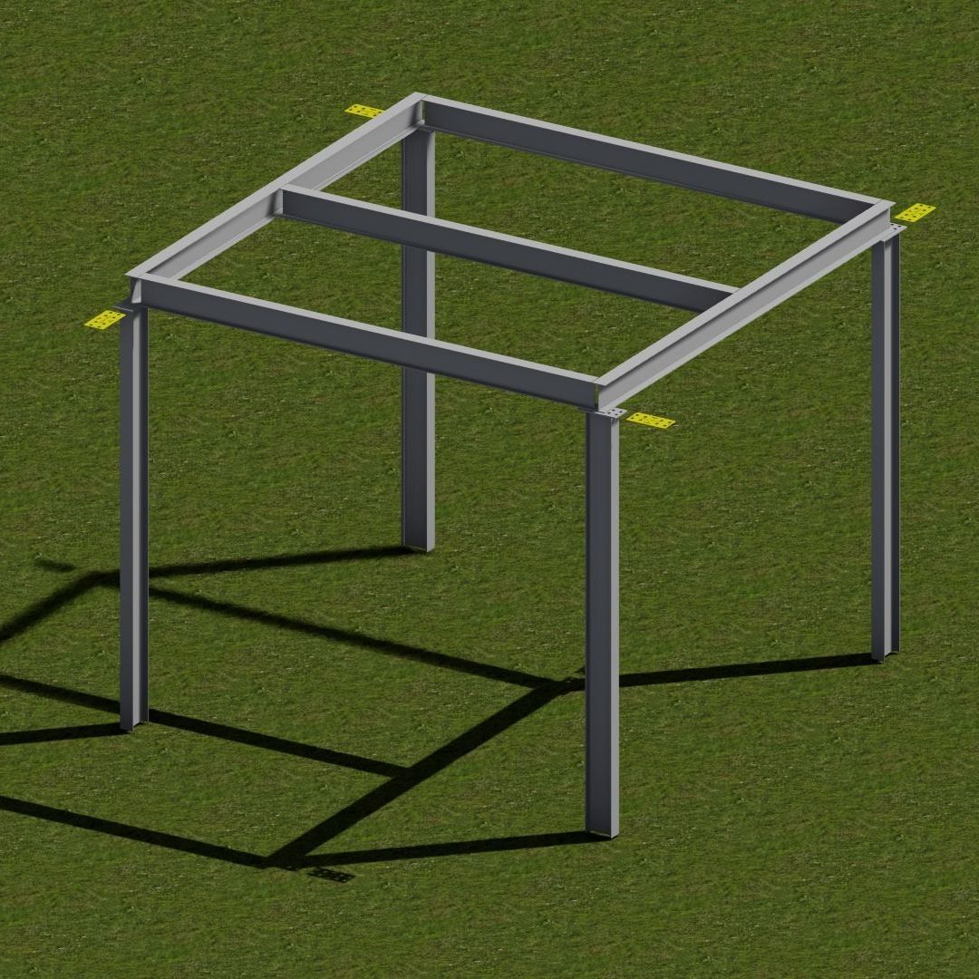 A 3d model of a metal structure sitting on top of a lush green field.