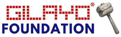 Logo of the GLAHO Foundation. Red pixel letters above blue text. A gavel is to the right.