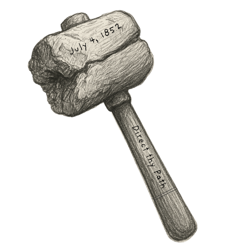 A drawing of a wooden hammer with the date july 4, 1857 on it