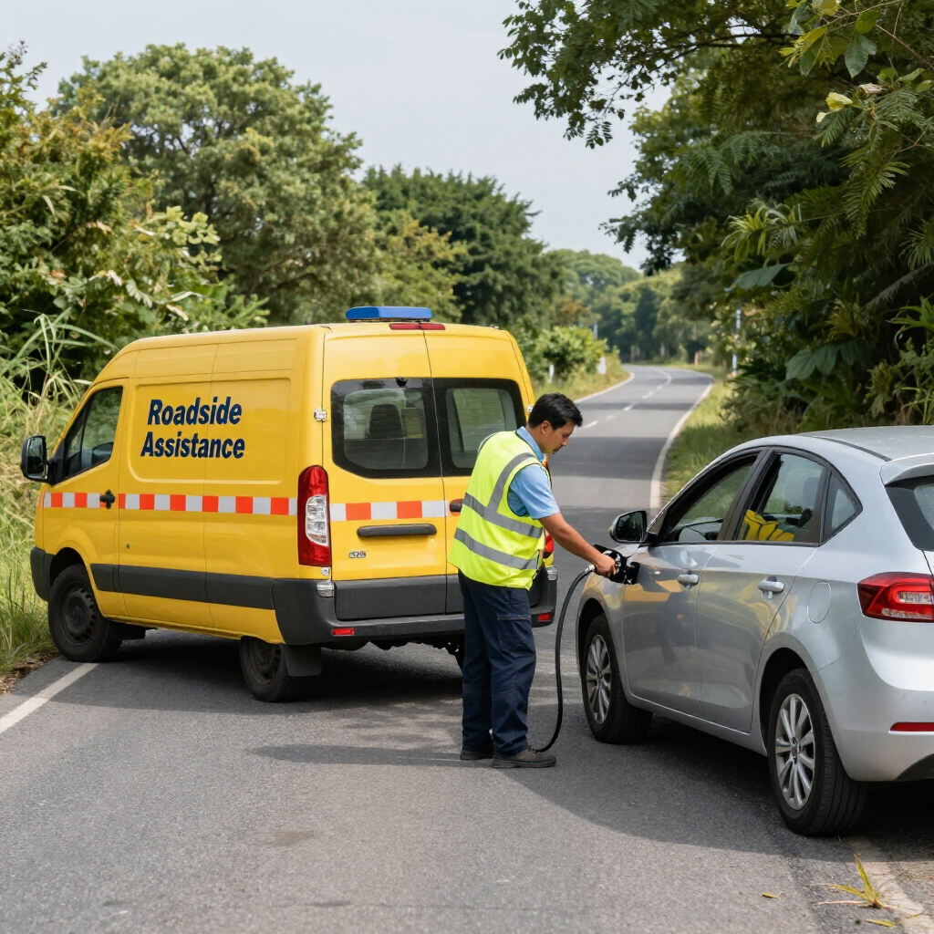 A roadside assistance worker in a reflective vest charges a silver car on the side of a road next to a yellow service van.