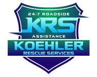Logo for Koehler Rescue Services, featuring the acronym "KRS" and shield design, blue and green color scheme.