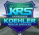 Logo for Koehler Rescue Services (KRS), featuring bold blue text and a shield icon over a road background.