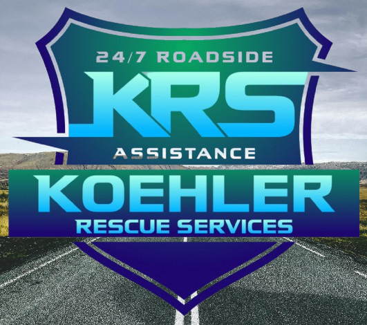 Logo for Koehler Rescue Services (KRS), featuring bold blue text and a shield icon over a road background.