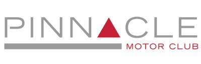 Logo for Pinnacle Motor Club with grey text and a red triangular icon replacing the letter A.