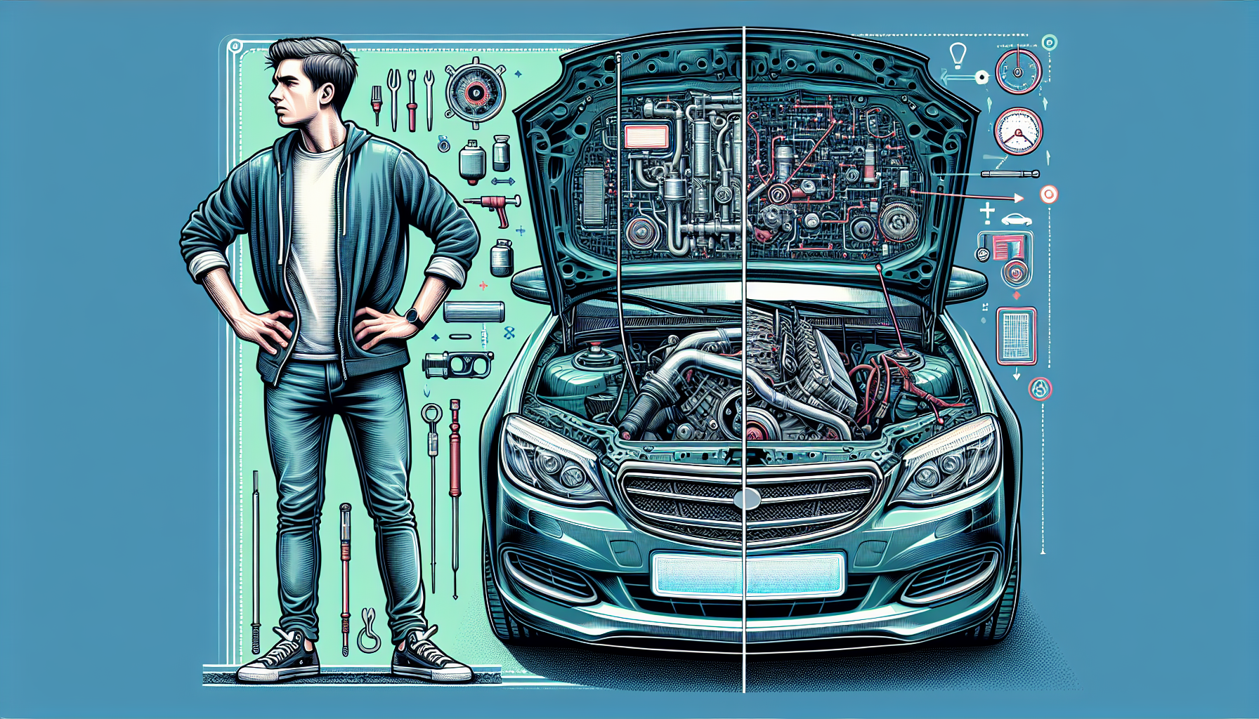 A person stands beside a car with its hood open, surrounded by illustrated car parts and tools against a blue background.
