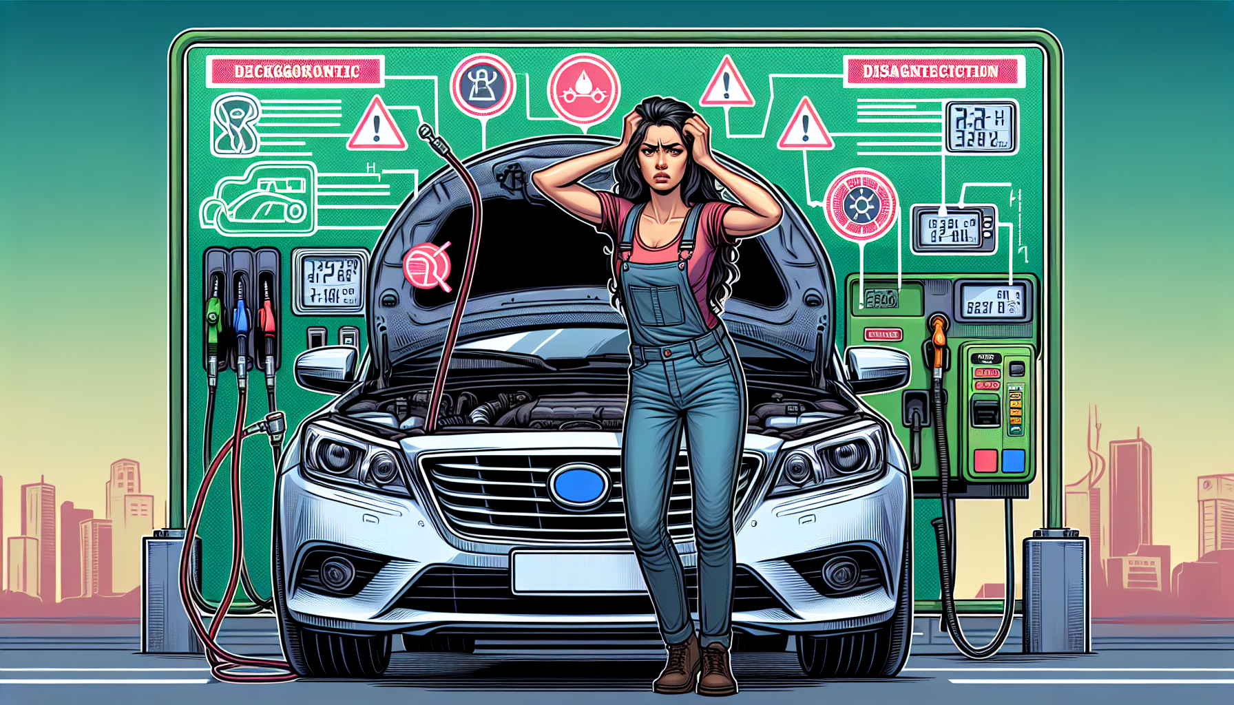 A person stands frustrated in front of a car with an open hood, set against a background of stylized charging station icons.