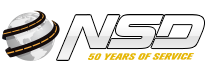 A logo for nsd 50 years of service with a globe in the middle.