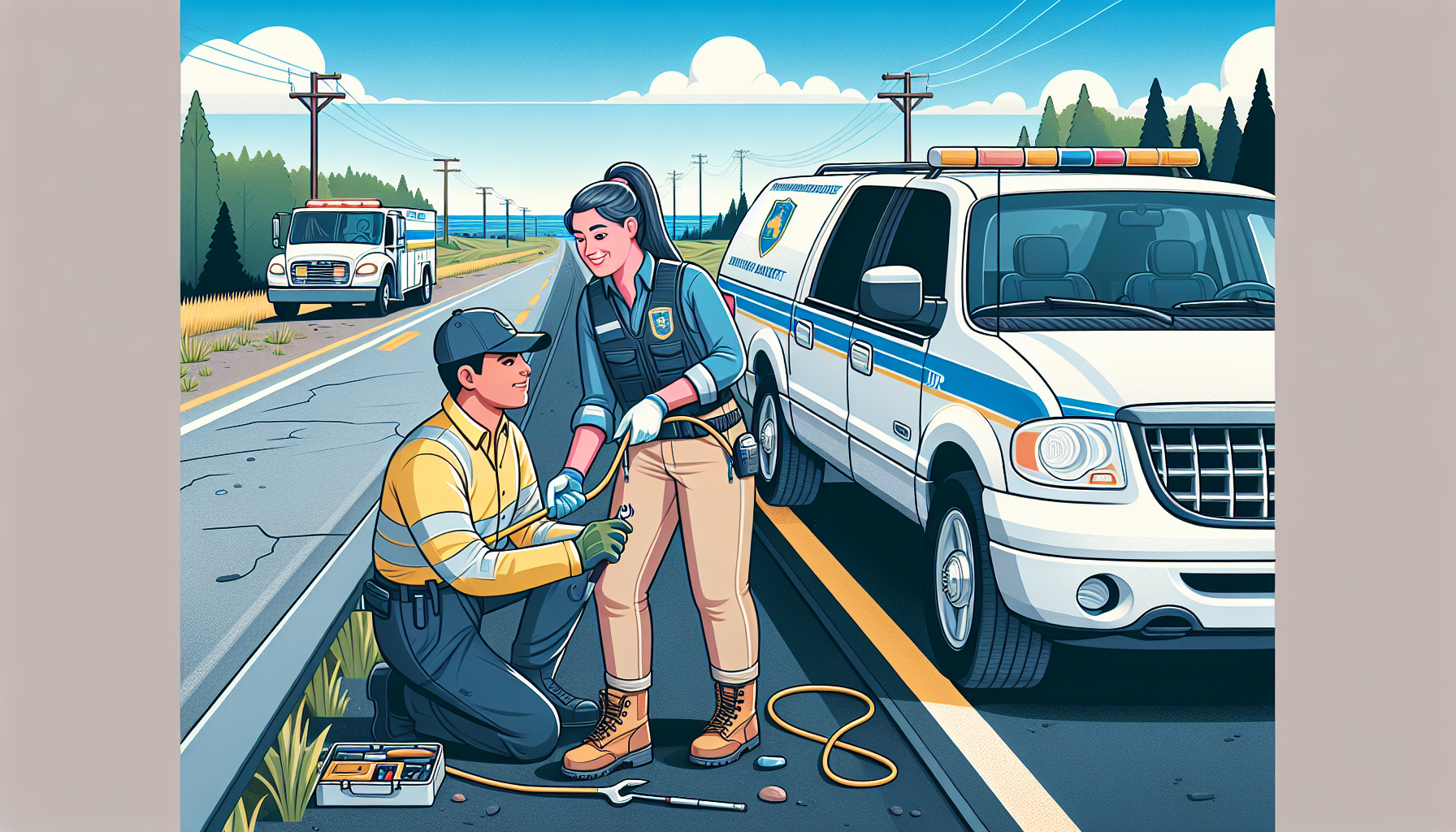 police officer kneels beside roadside worker near tow truck and patrol SUV on highway shoulder
