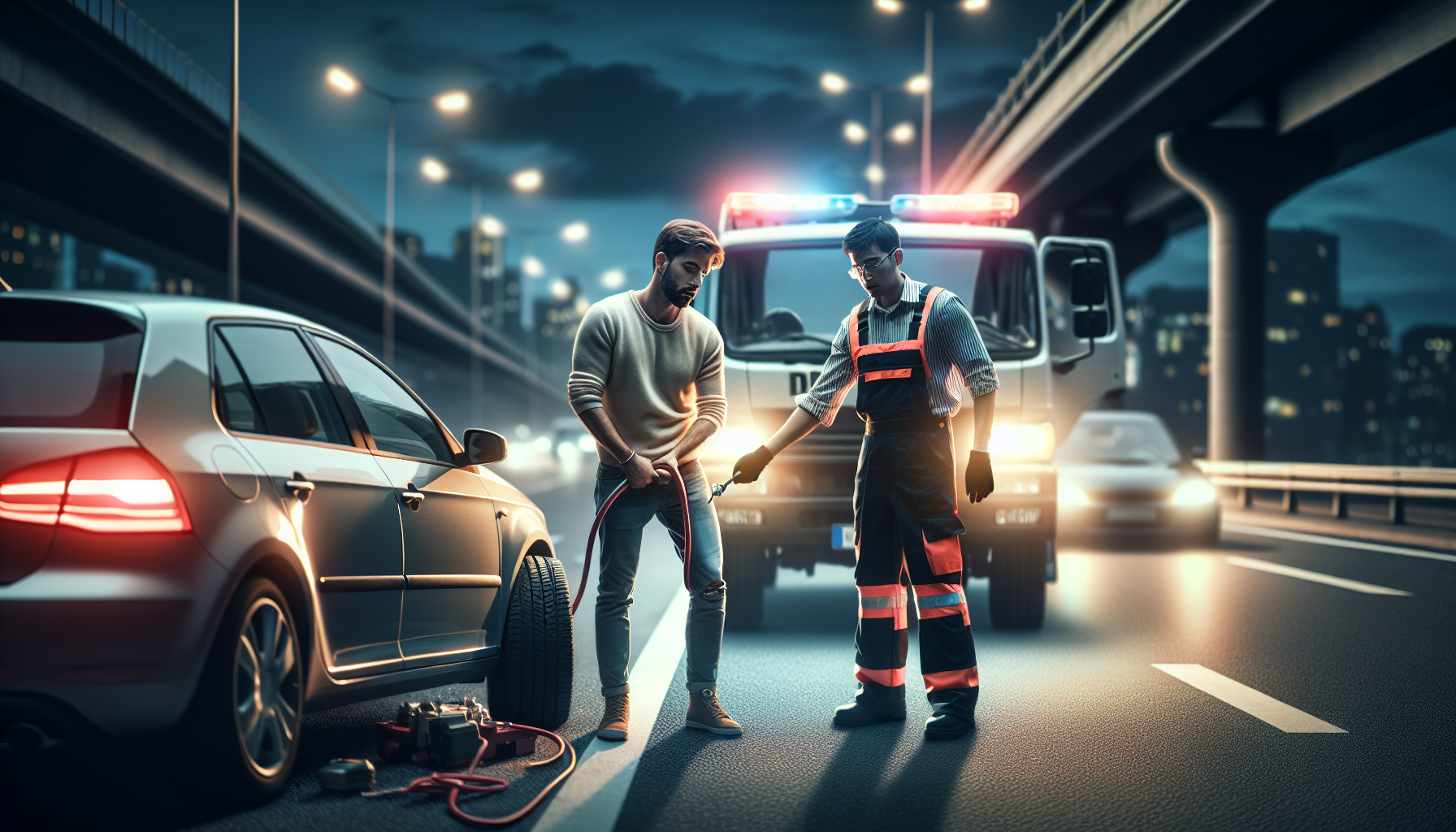 Tow truck worker assisting a driver beside a red SUV on a lit highway at night