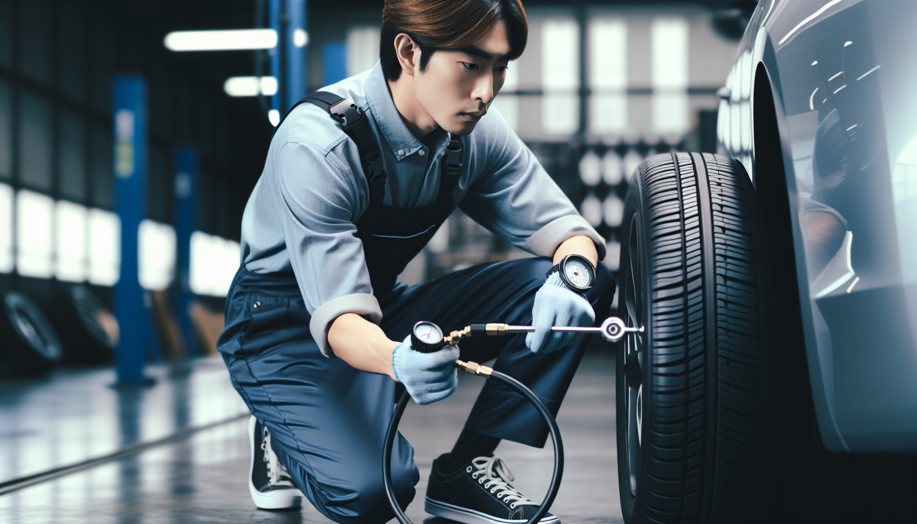 A mechanic in a blue uniform kneels in a garage, checking the tire pressure on a car wheel with a gauge.