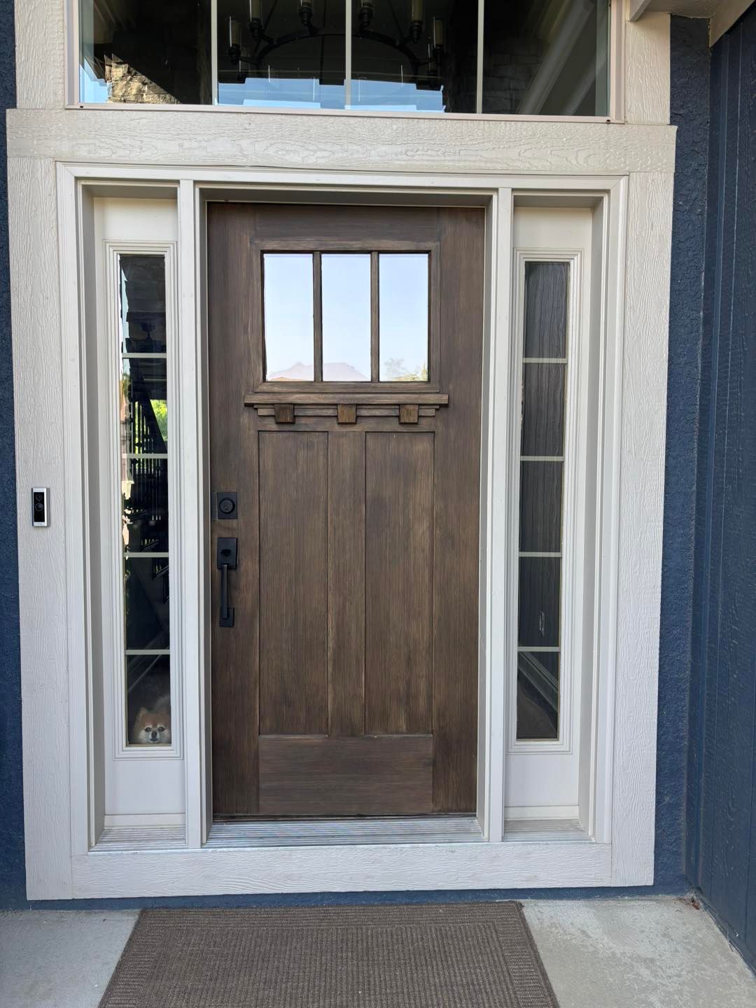 Brown wooden door with sidelights and transom, under a white trim.