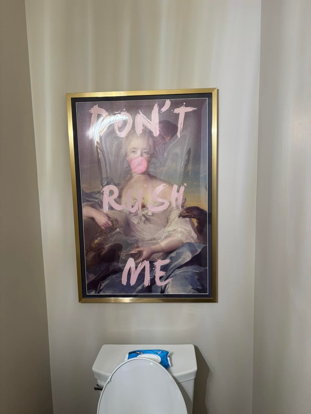 Painting of woman with pink text