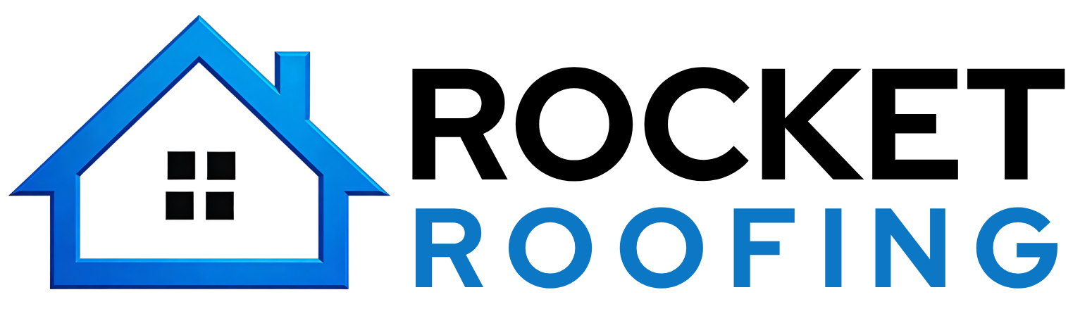 Blue house roof logo with the words “ROCKET ROOFING”