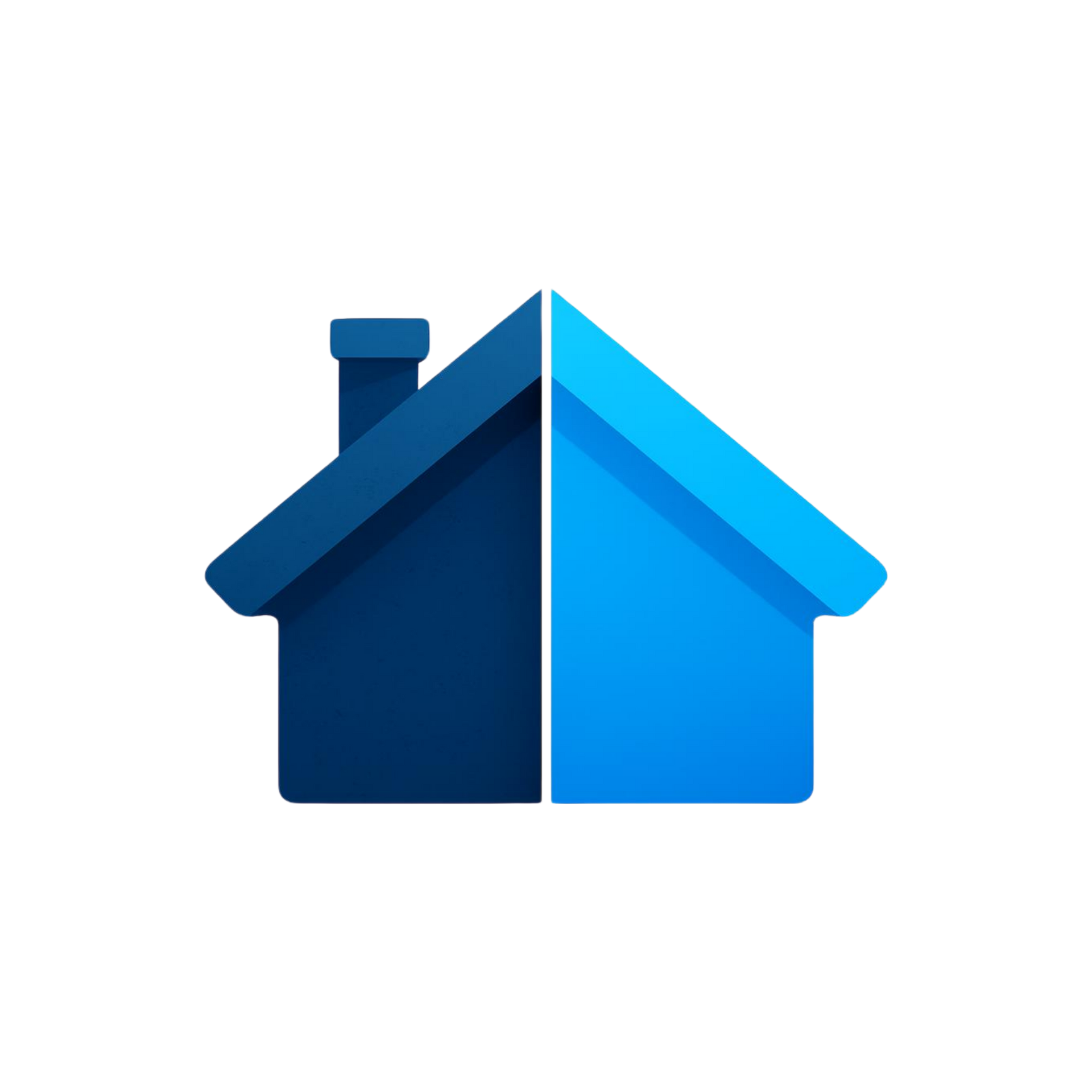 Blue house icon with a chimney and two-tone roof