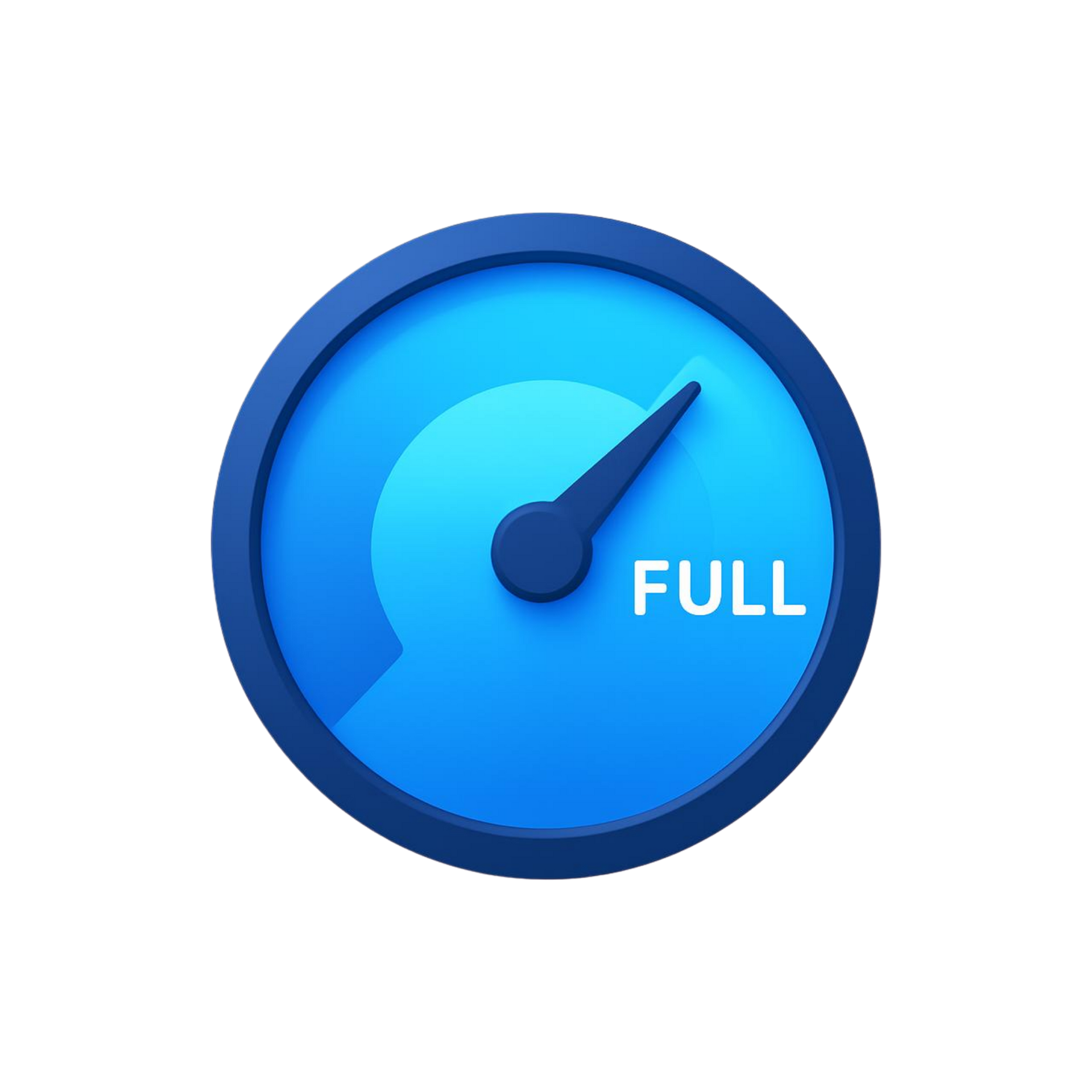 Blue circular gauge icon showing a full level indicator with a needle pointing high, labeled “FULL”
