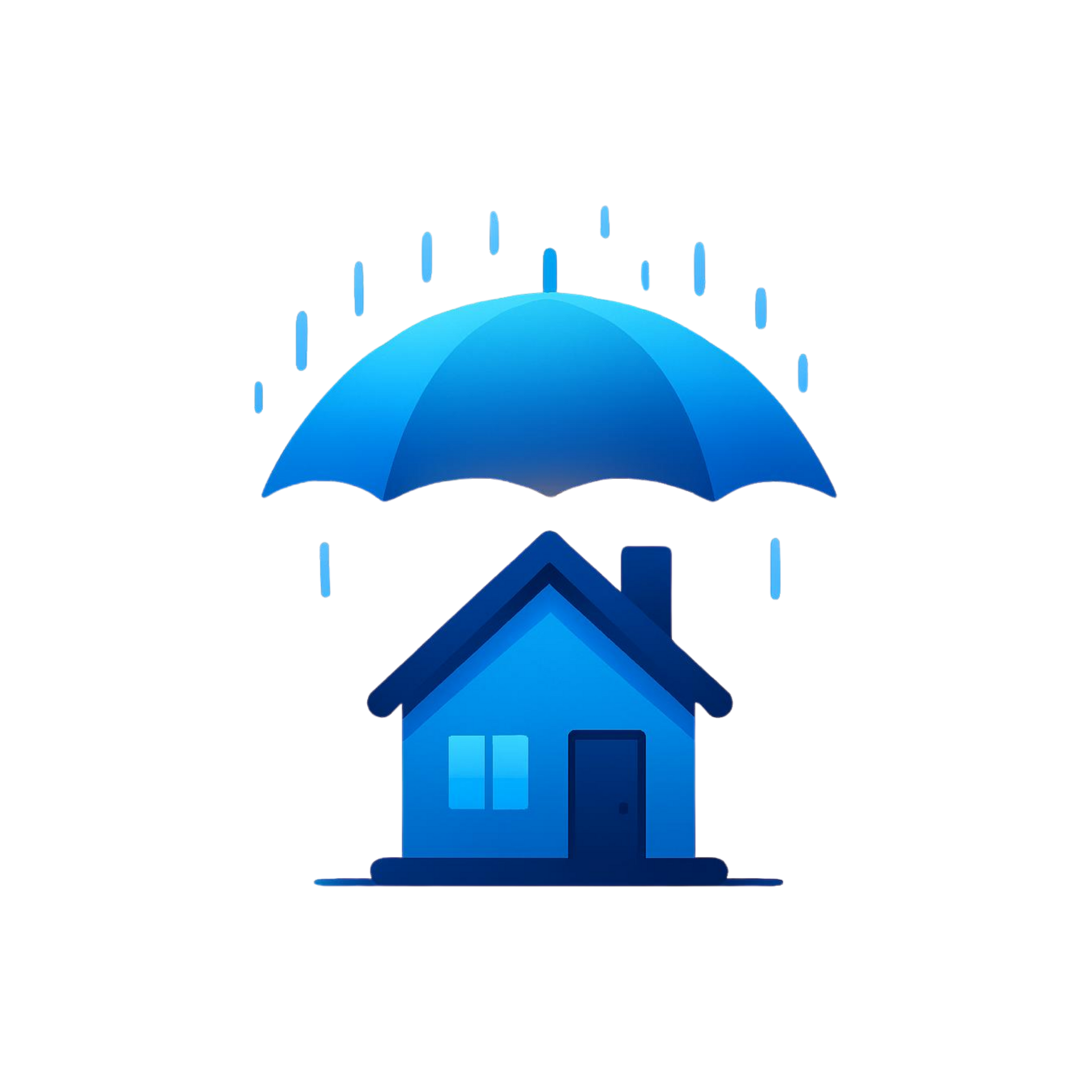 Blue house sheltered by a large blue umbrella with raindrops falling around it.