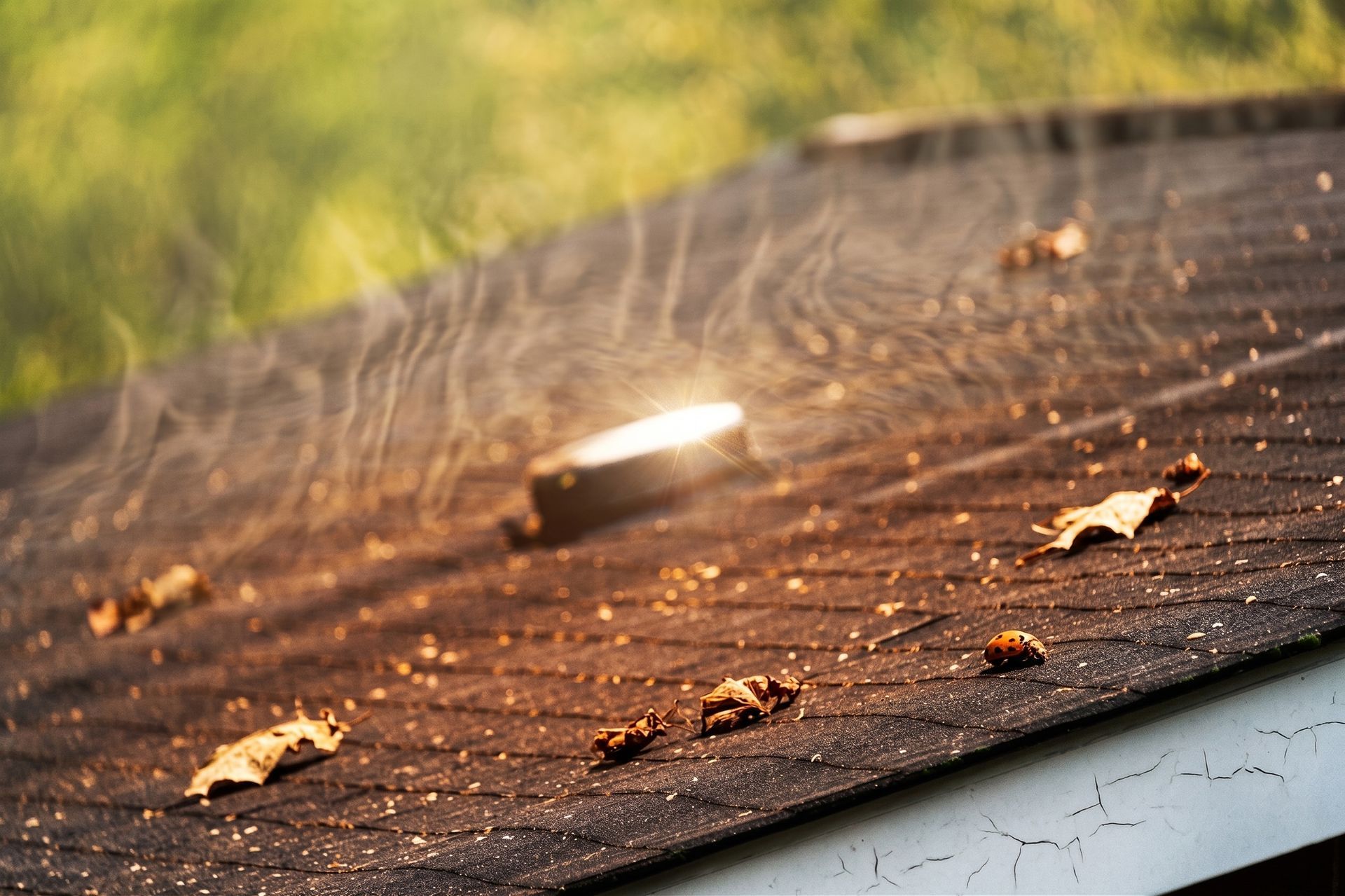Sunlit rooftop covered in dry leaves and debris, with a small object near the center