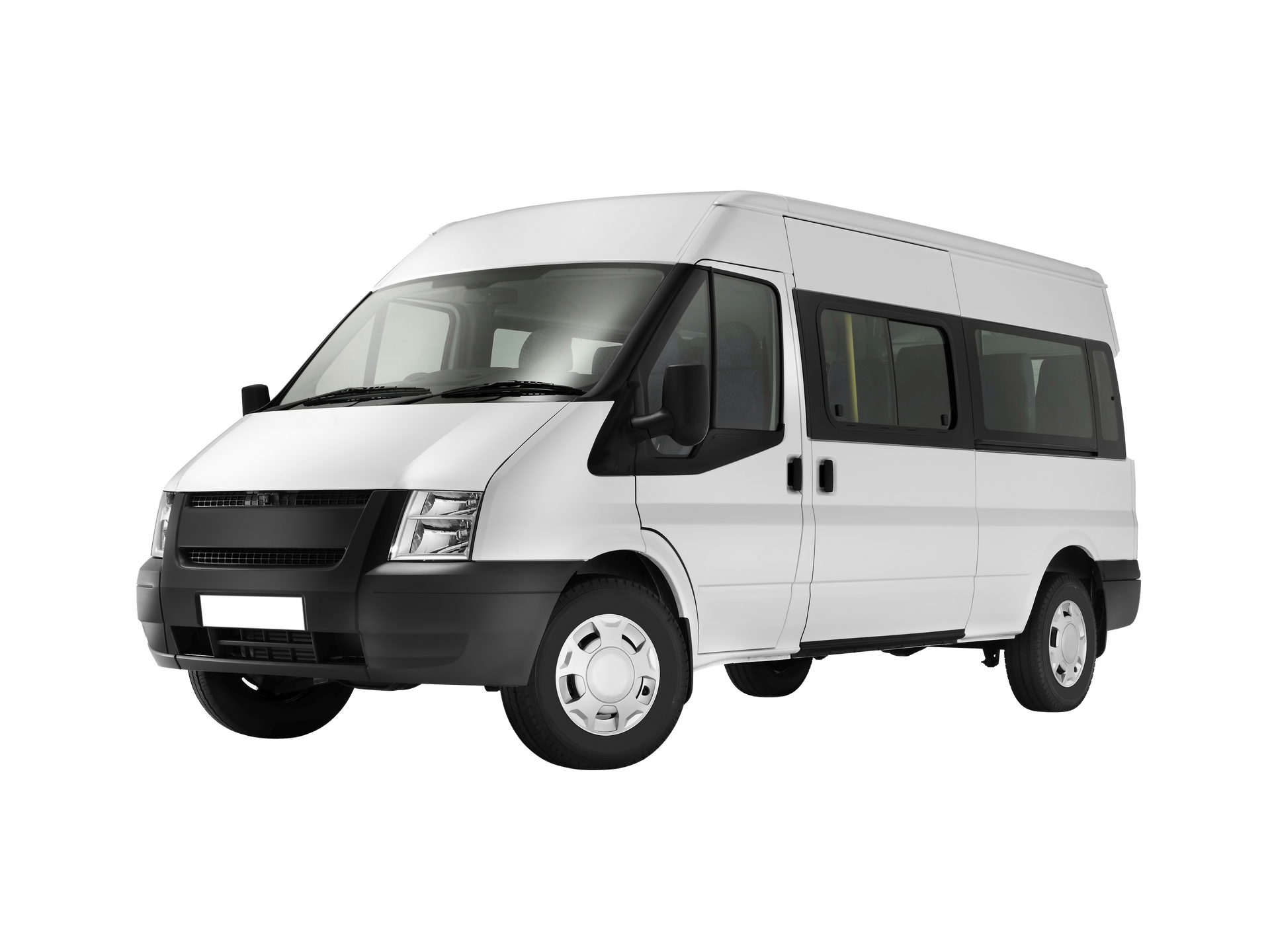 White passenger van, black grille and bumpers, on a white background.
