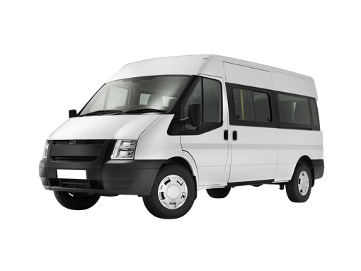 White passenger van, black grille and bumpers, on a white background. White passenger van, black grille and bumpers, on a white background.