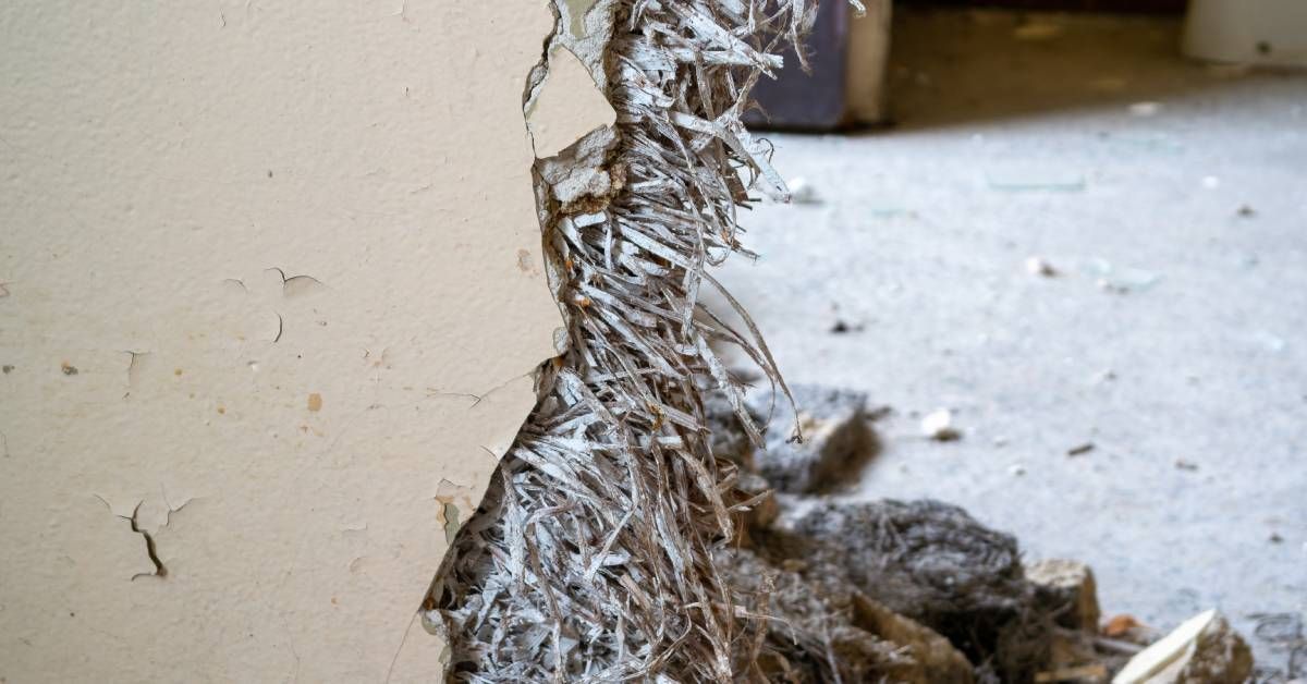 A broken wall with many long fibers sticking out of it. A fine white dust covers the fibers.