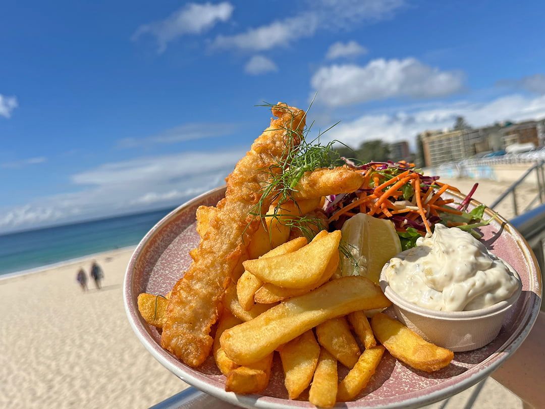 A Plate Of Fish And Chips On The Beach — Beach Bums Cafe In Forster, NSW