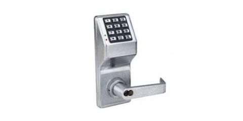 Photo of a door knob with an attached keypad