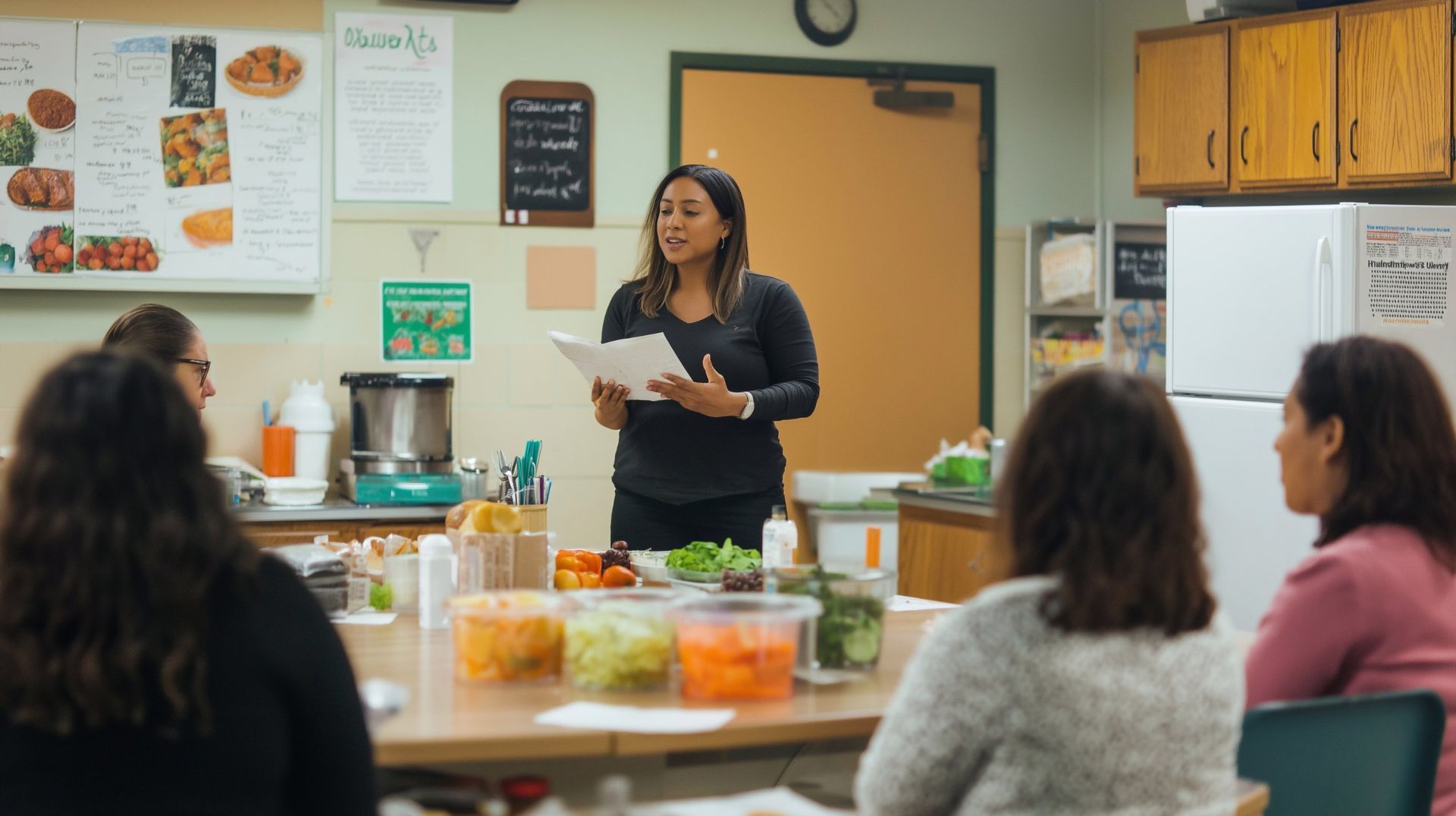 Woman leads a cooking class, reading from a paper, with participants seated around a table with food.