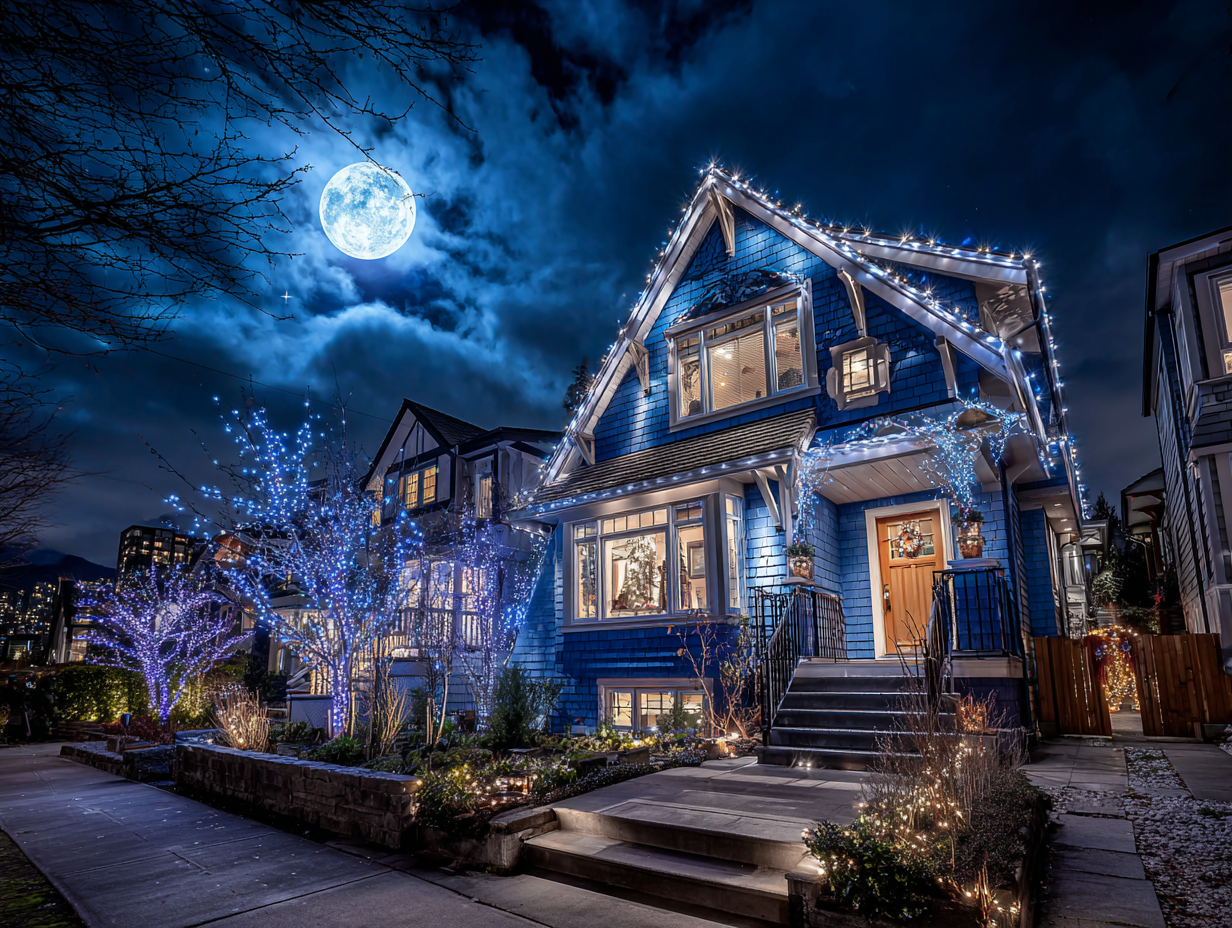 Professional Christmas lighting Vancouver installation with LED rooflines, patios, and trees, festive holiday displays designed for residential and commercial clients. Vancouver holiday lighting installation ensures safe, durable, weatherproof Christmas lights with professional expertise.