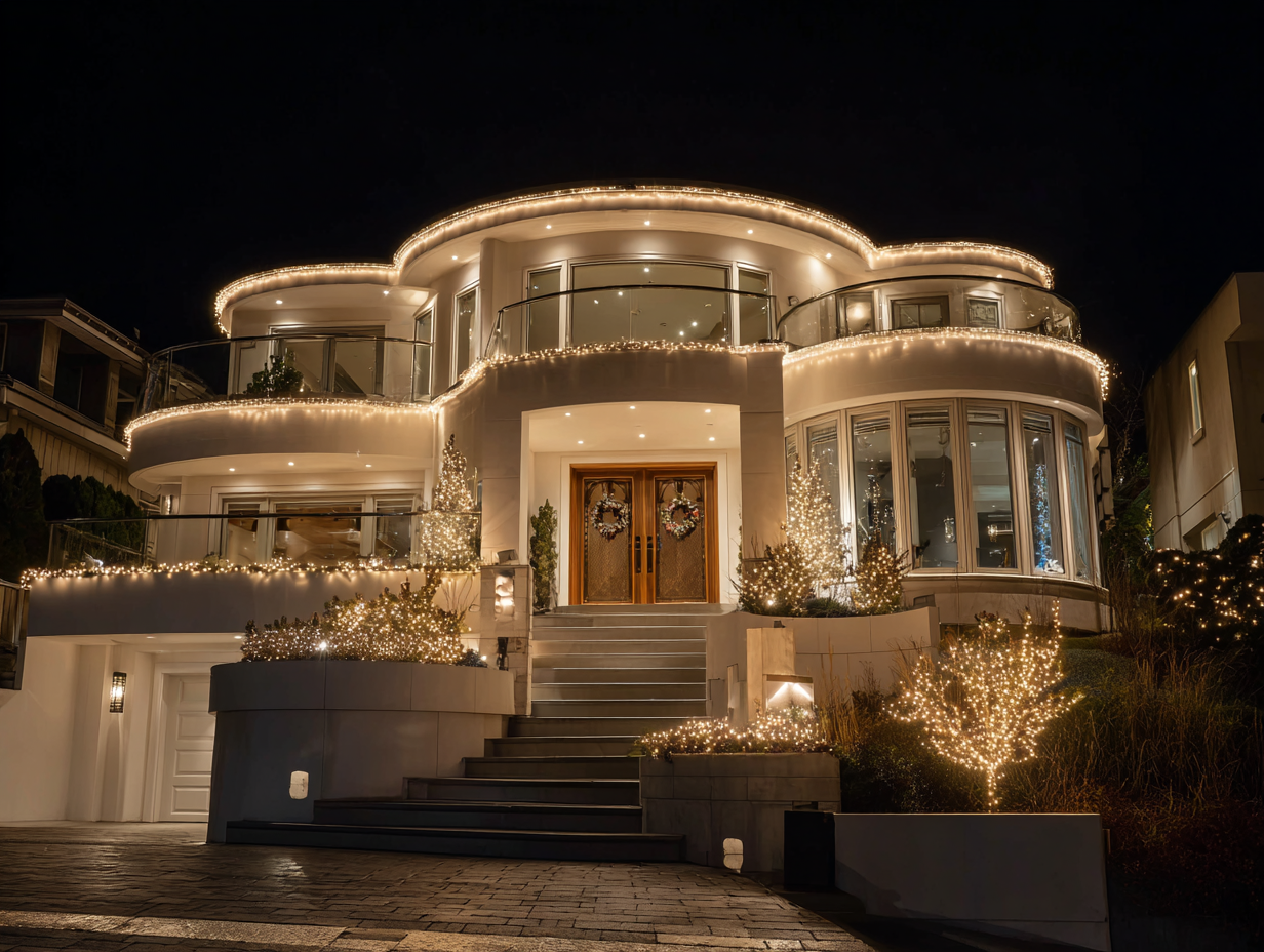 Vancouver Christmas lighting installation professional services with LED rooflines, patios, and trees for homes and commercial businesses, festive holiday displays. Holiday lighting Vancouver services deliver durable, safe, weatherproof Christmas lights installed by experts.